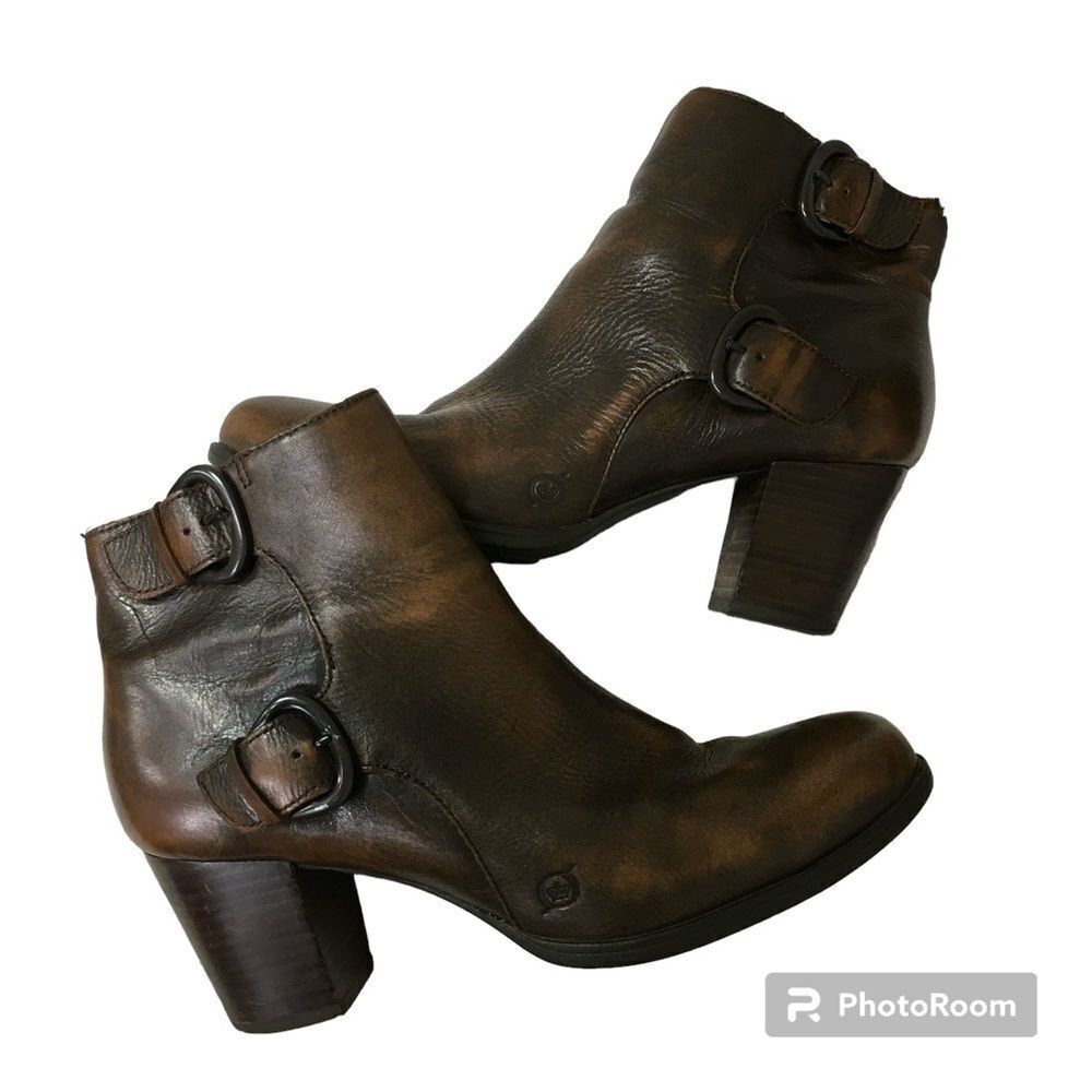 BORN Ondine Cognac Burnished Grain Leather Block Heel Ankle Boot Booties 10